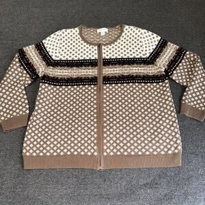 C.J. Banks VTG Y2K Cardigan Sweater Women’s Plus Sz 2X Tan Brown White Zip Front